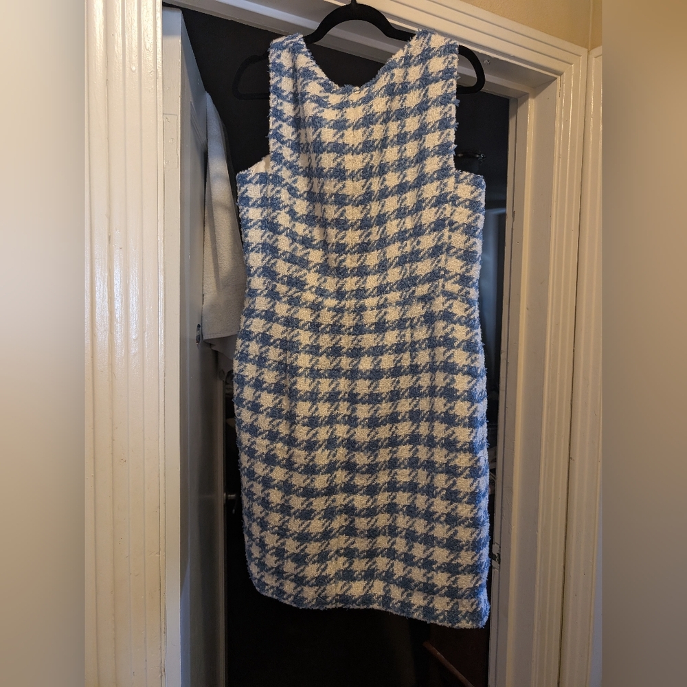 Ann Taylor Square Neck Blue and White Midi Sheath Dress - Picture 3 of 7